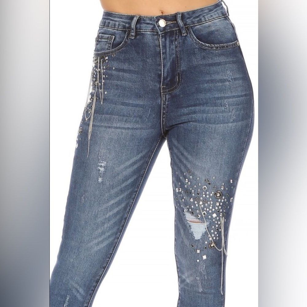 NWT Denim Couture Red Embellished Blue Skinny Jeans Size 5